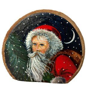 Handpainted Christmas Decoration Wood Slice Art Santa Claus Snow Cottage 2 5/8"